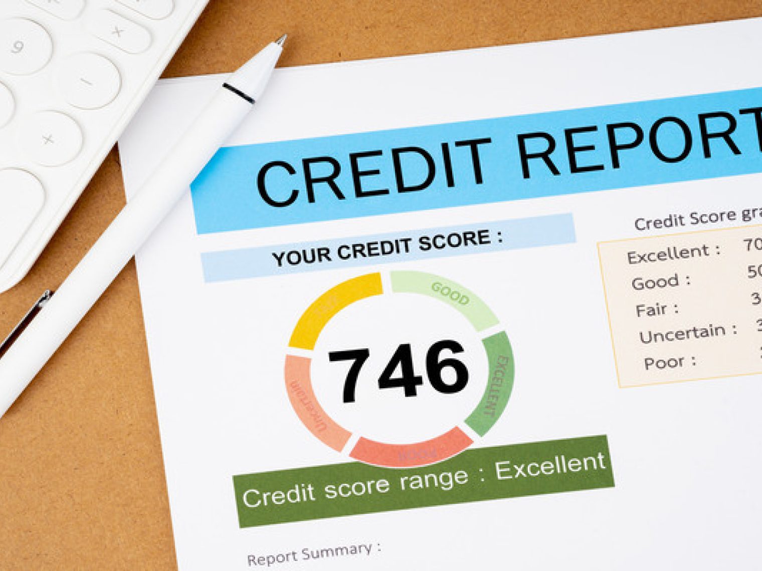 Close-up of a credit report displaying a score of 746 labeled as 'Excellent', alongside a breakdown of credit score grades ranging from 'Excellent' to 'Poor', with a white calculator and pen on a brown surface.